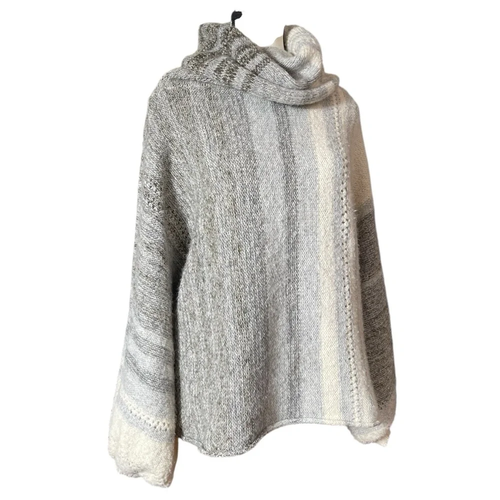 Fate Gray, Blue, & Ivory Cowl Neck Sweater Balloon Sleeves Mohair Alpaca Blend‎